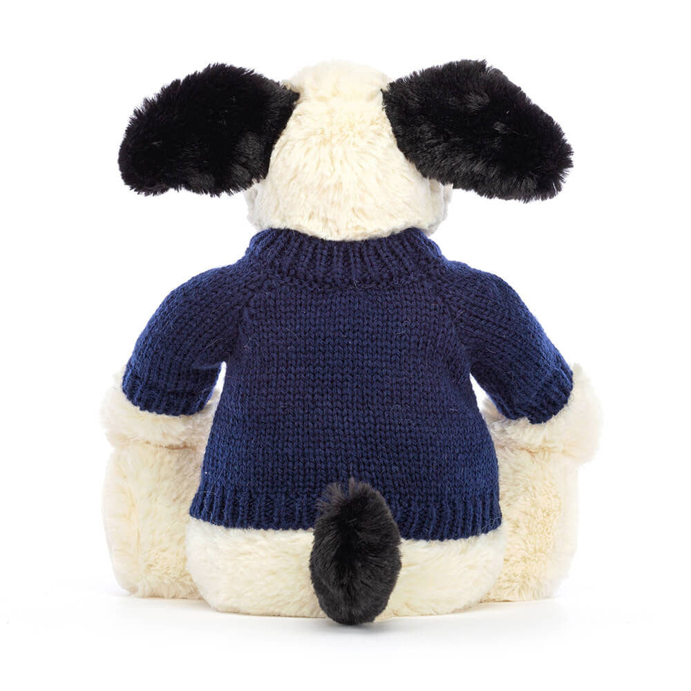 Jellycat Bashful Black & Cream Puppy with Personalized Navy Jumper