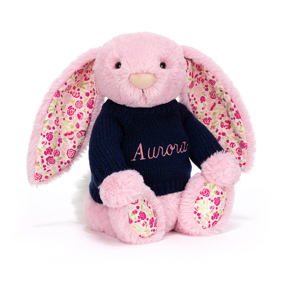 Jellycat Blushkin Blossom Luxe Bunny with Personalized Navy Jumper