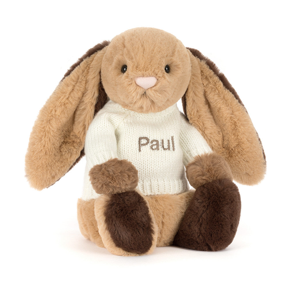 Jellycat Bashful Patchwork Brown Bunny with Personalized Cream Jumper