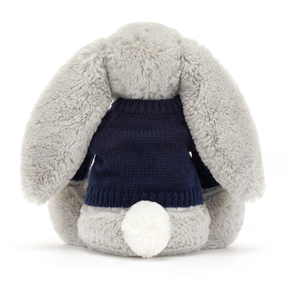 Jellycat Bashful Silver Bunny with Personalized Navy Jumper