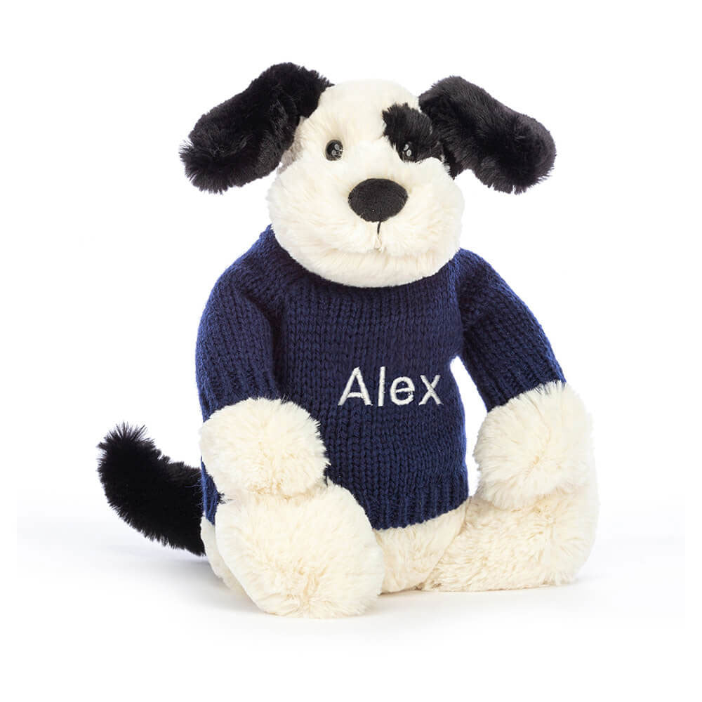 Jellycat Bashful Black & Cream Puppy with Personalized Navy Jumper