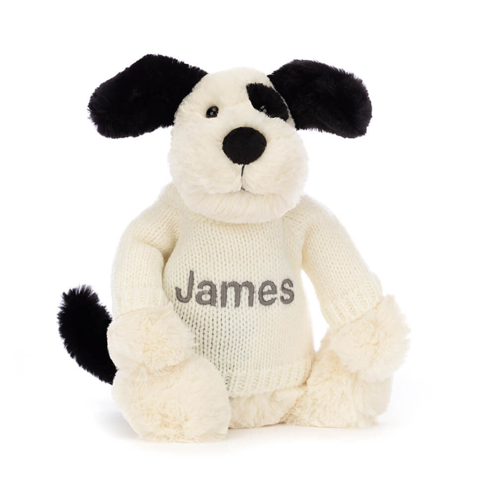 Jellycat Bashful Black & Cream Puppy with Personalized Cream Jumper