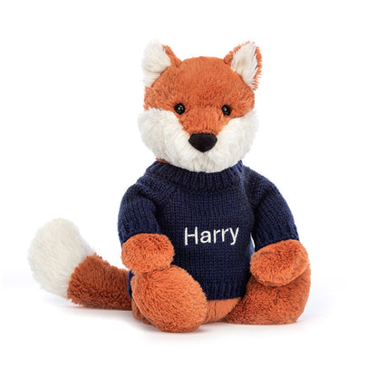 Jellycat Bashful Fox Cub with Personalized Navy Jumper