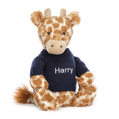 Jellycat Bashful Giraffe with Personalized Navy Jumper