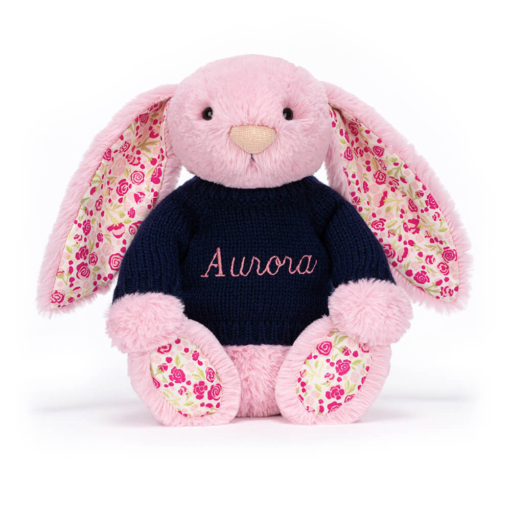 Jellycat Blushkin Blossom Luxe Bunny with Personalized Navy Jumper