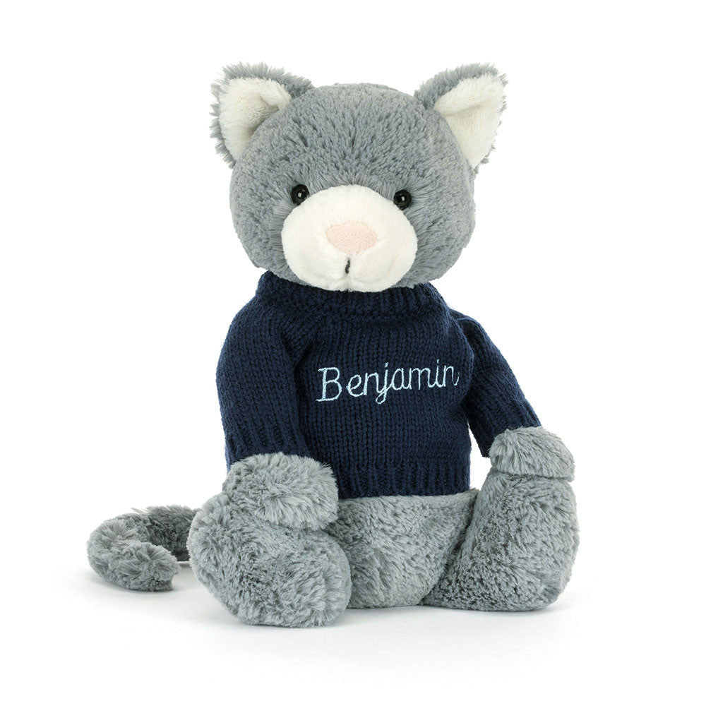 Jellycat Bashful Kitten with Personalized Navy Jumper