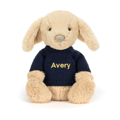 Jellycat Bashful Luxe Puppy Orlando with Personalized Navy Jumper