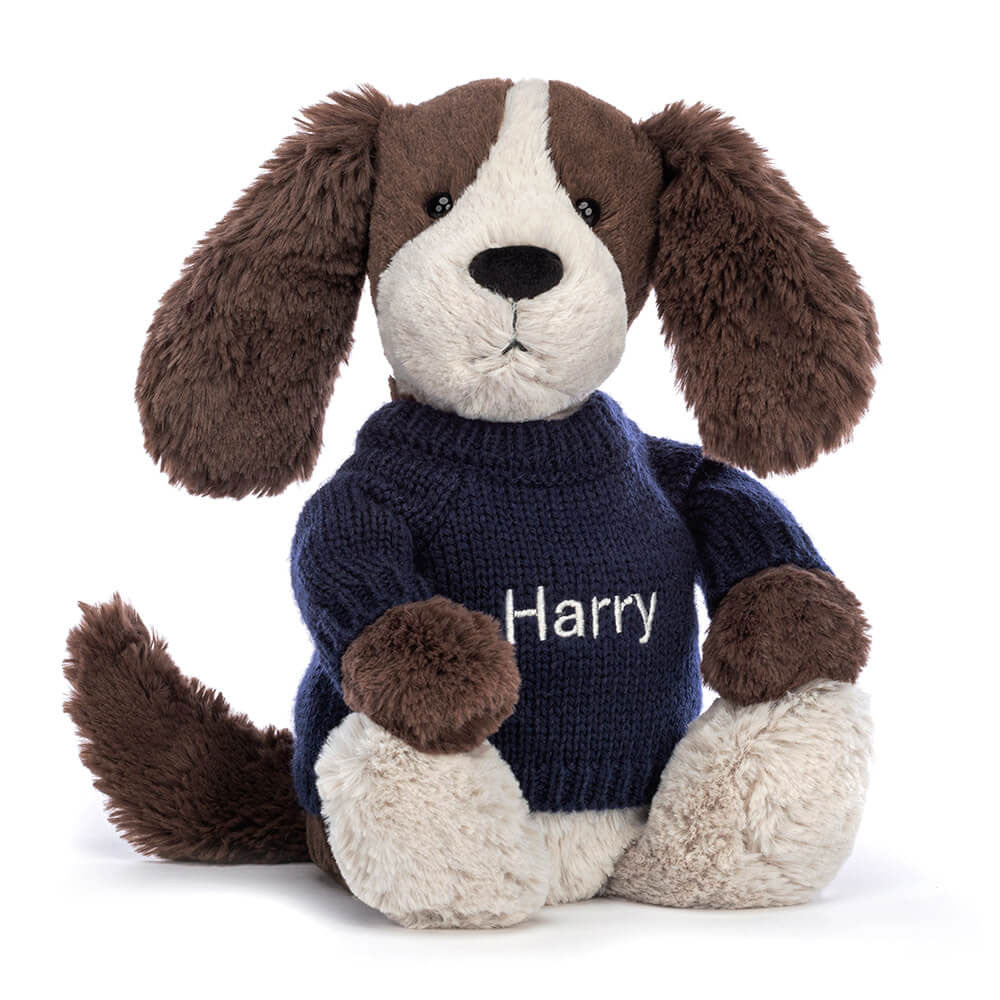 Jellycat Bashful Fudge Puppy with Personalized Navy Jumper