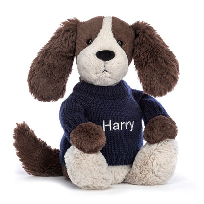 Jellycat Bashful Fudge Puppy with Personalized Navy Jumper