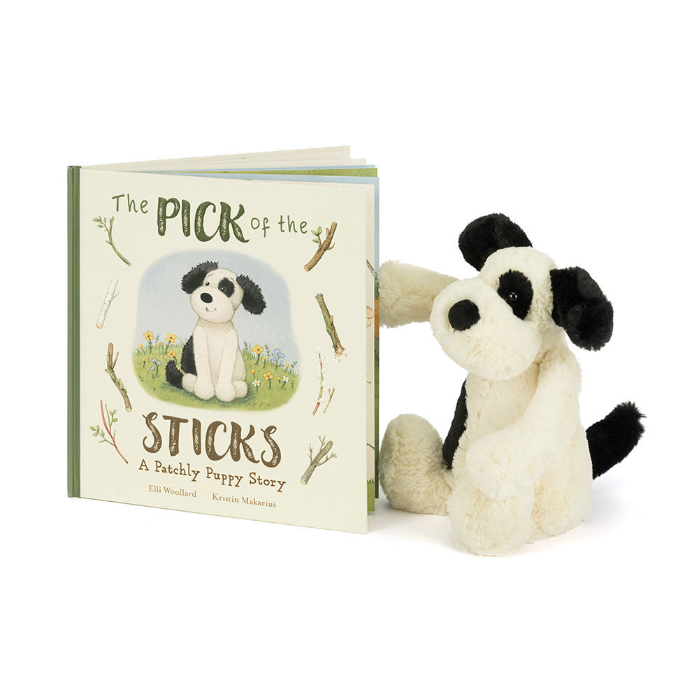 Jellycat The Pick of the Sticks Book and Bashful Black & Cream Puppy Medium