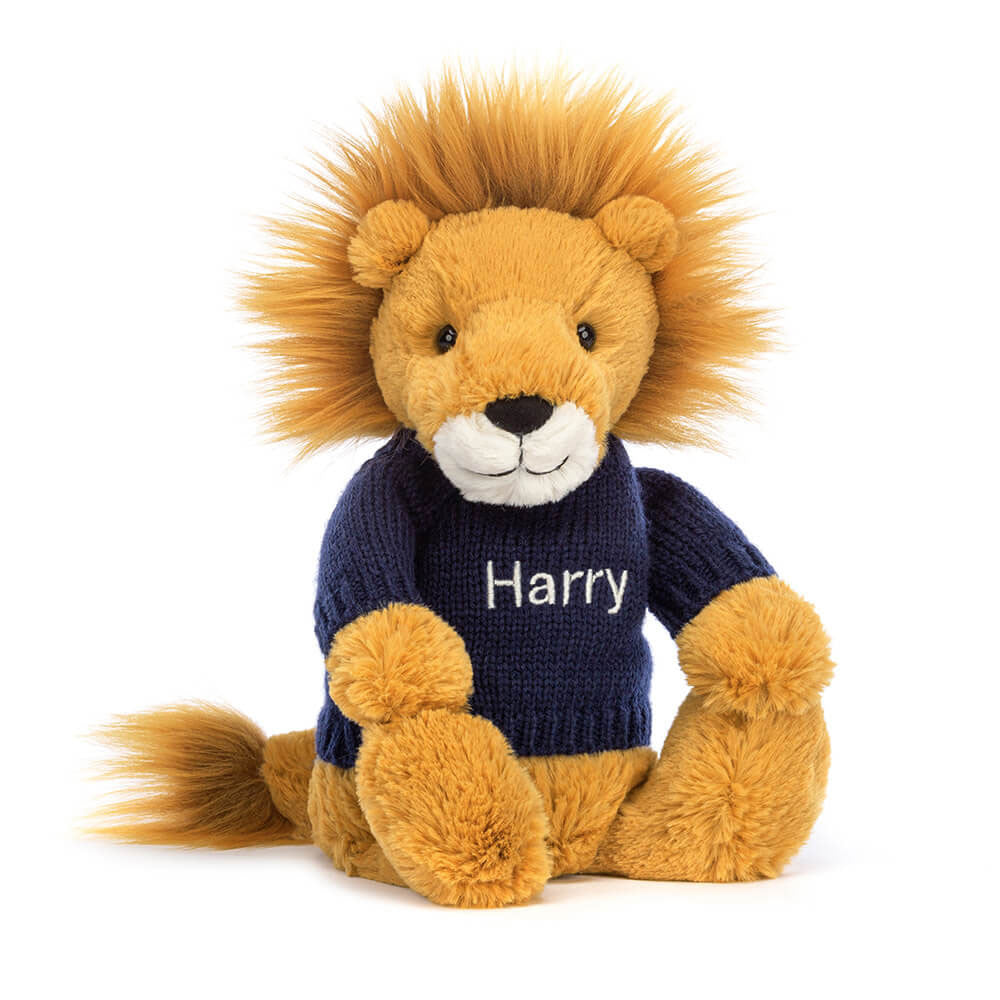 Jellycat Bashful Lion with Personalized Navy Jumper