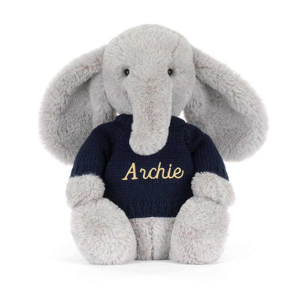 Jellycat Bashful Luxe Elephant Thuddeus with Personalized Navy Jumper