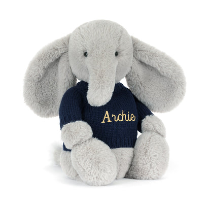 Jellycat Bashful Luxe Elephant Thuddeus with Personalized Navy Jumper