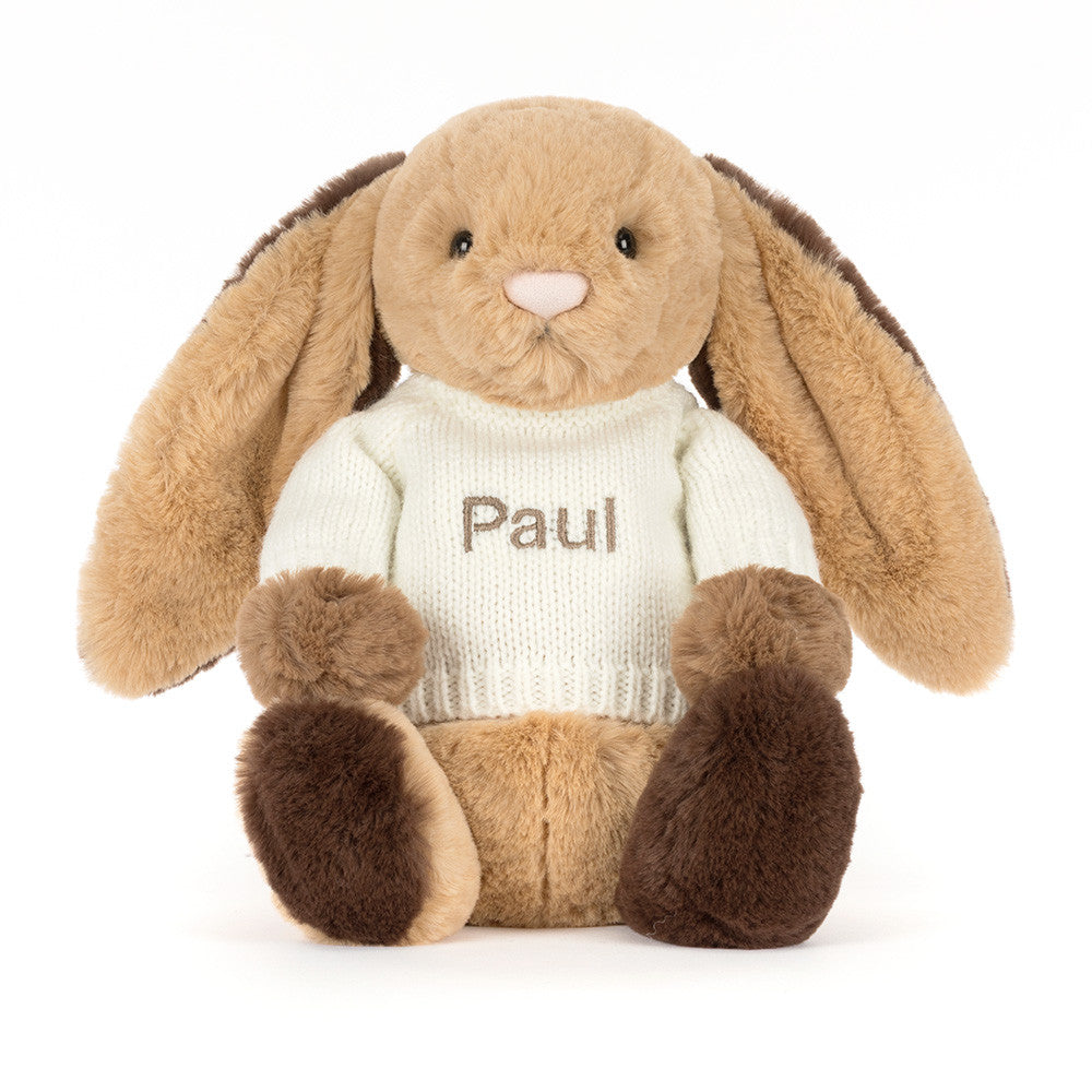 Jellycat Bashful Patchwork Brown Bunny with Personalized Cream Jumper