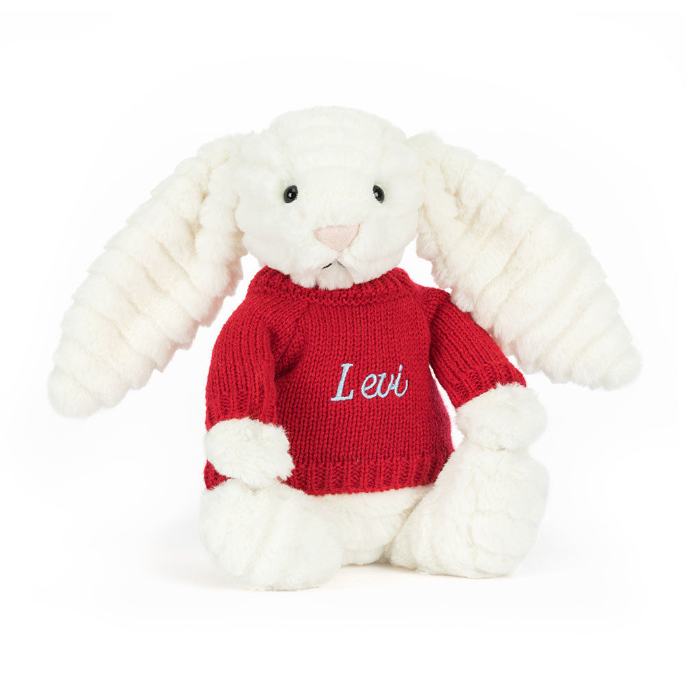 Jellycat Bashful Luxe Bunny Nimbus with Personalized Red Jumper