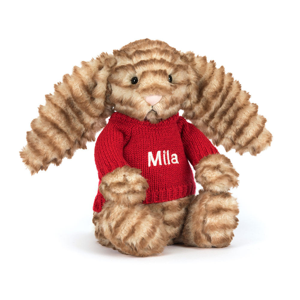 Jellycat Bashful Luxe Bunny Juniper with Personalized Red Jumper