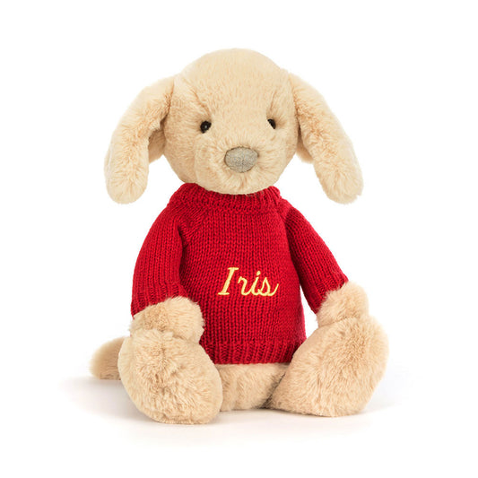Jellycat Bashful Luxe Puppy Orlando with Personalized Red Jumper