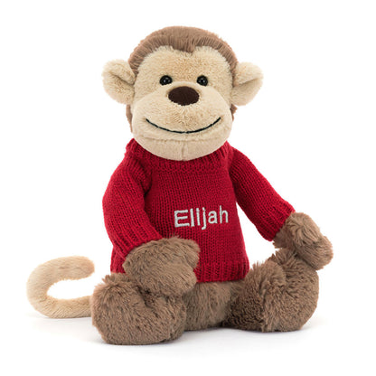 Jellycat Bashful Monkey with Personalized Red Jumper