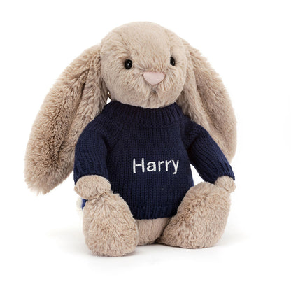 Jellycat Bashful Beige Bunny with Personalized Navy Jumper