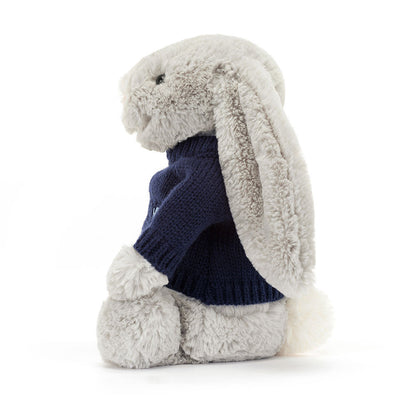 Jellycat Bashful Silver Bunny with Personalized Navy Jumper