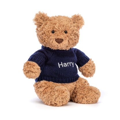 Jellycat Bartholomew Bear with Personalized Navy Jumper