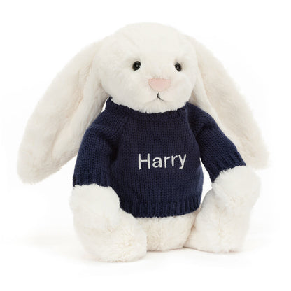 Jellycat Bashful Cream Bunny with Personalized Navy Jumper