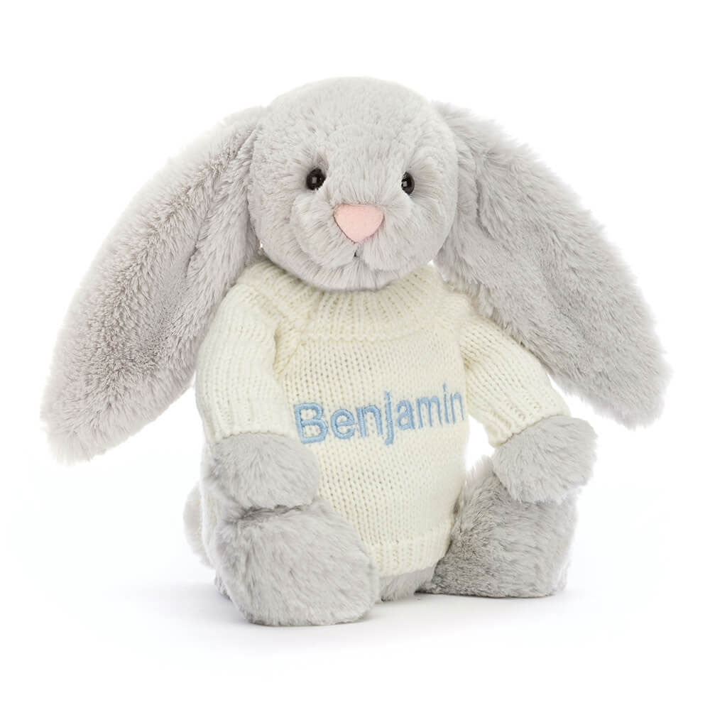 Jellycat Bashful Silver Bunny with Personalized Cream Jumper