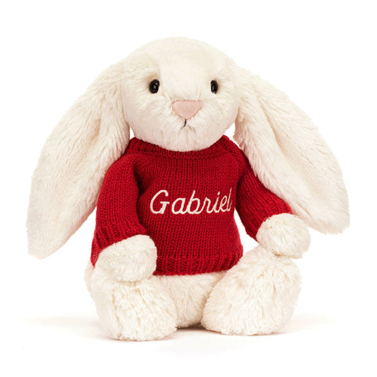 Jellycat Bashful Cream Bunny with Personalized Red Jumper