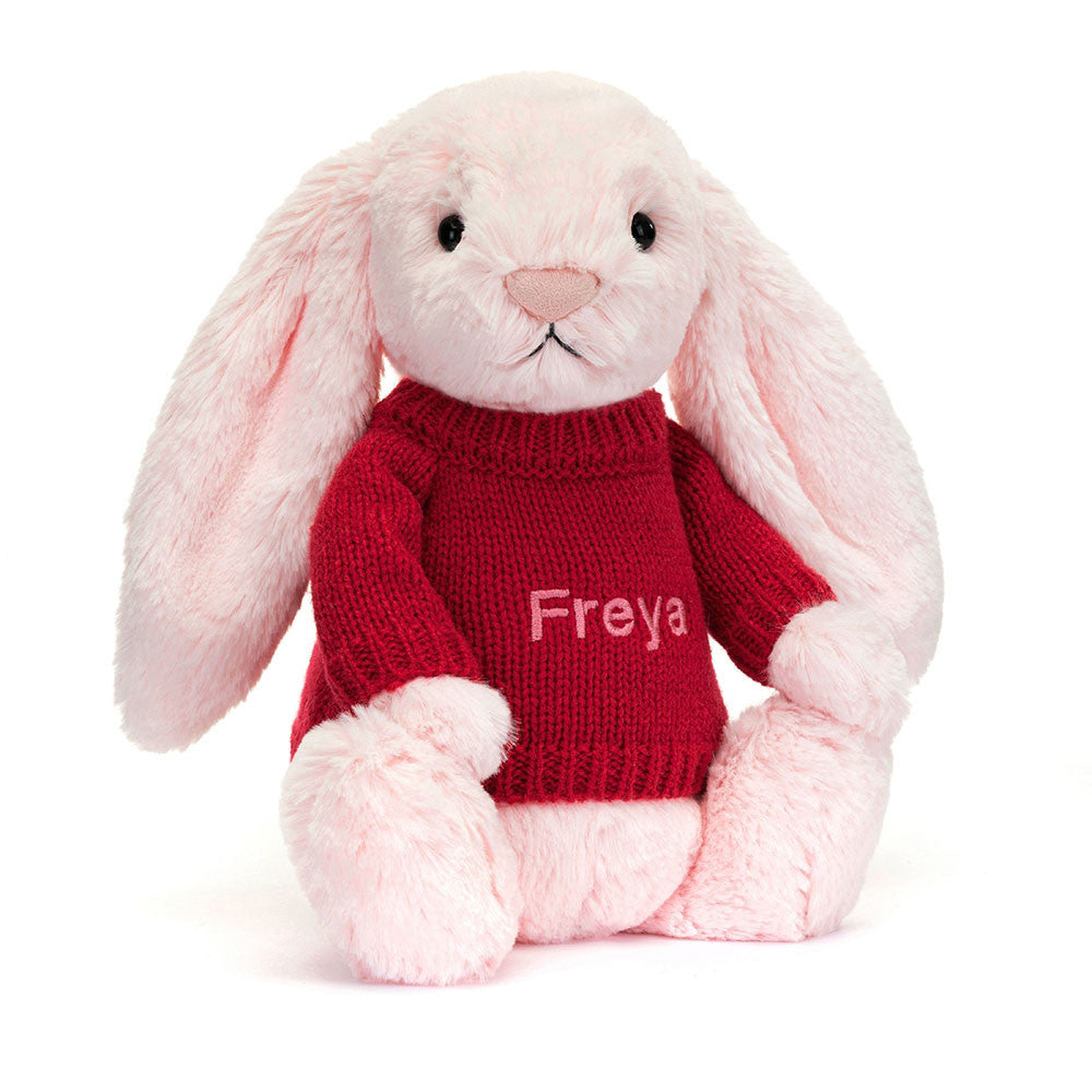 Jellycat Bashful Pink Bunny with Personalized Red Jumper