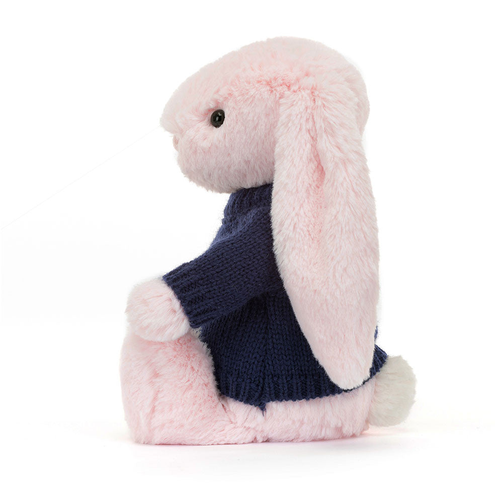 Jellycat Bashful Pink Bunny with Personalized Navy Jumper
