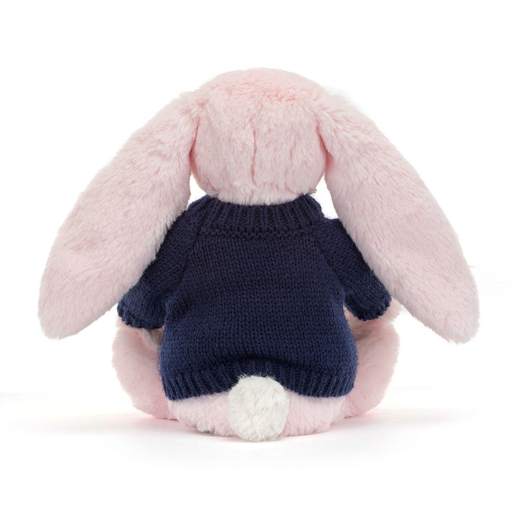 Jellycat Bashful Pink Bunny with Personalized Navy Jumper