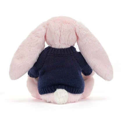 Jellycat Bashful Pink Bunny with Personalized Navy Jumper