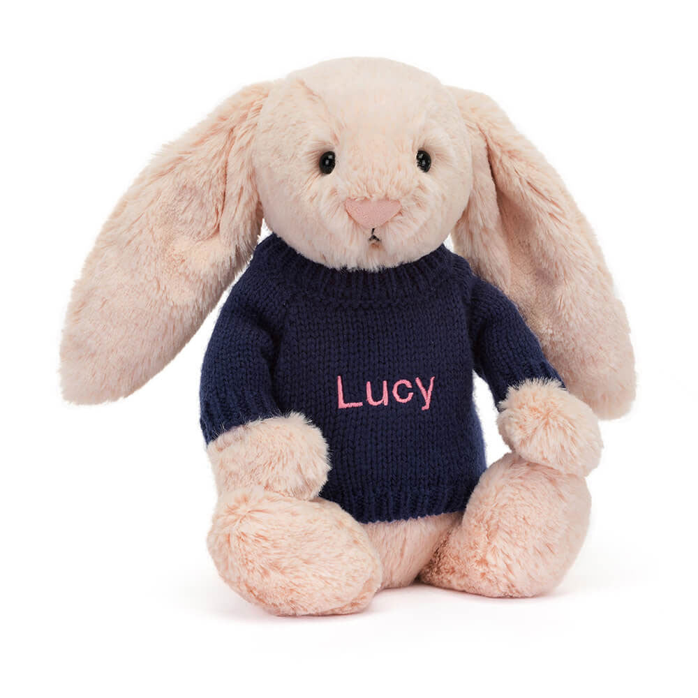 Jellycat Bashful Blush Bunny with Personalized Navy Jumper