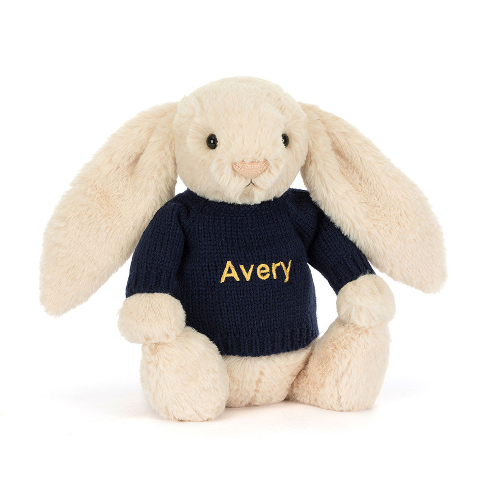 Jellycat Bashful Luxe Bunny Willow with Personalized Navy Jumper
