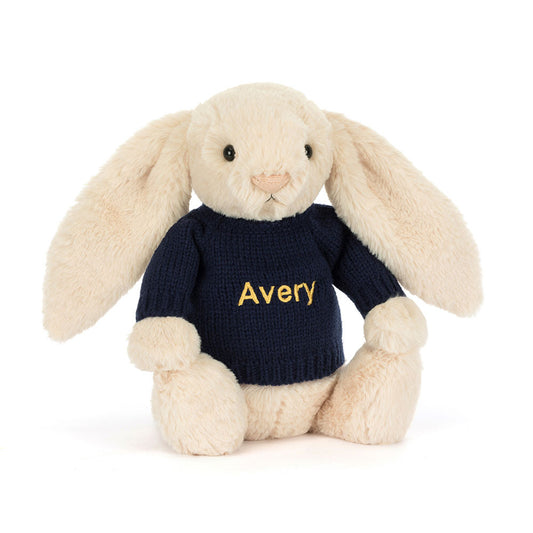 Jellycat Bashful Luxe Bunny Willow with Personalized Navy Jumper