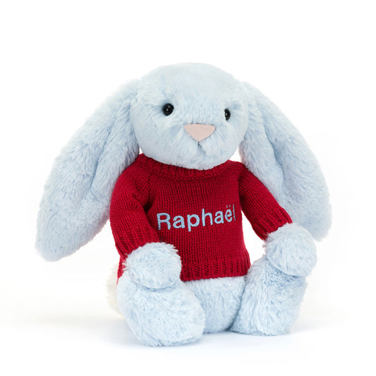 Jellycat Bashful Blue Bunny with Personalized Red Jumper