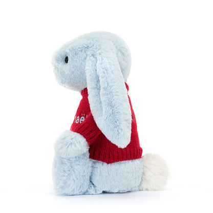 Jellycat Bashful Blue Bunny with Personalized Red Jumper