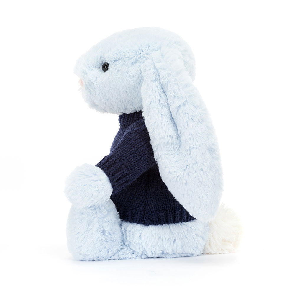 Jellycat Bashful Blue Bunny with Personalized Navy Jumper