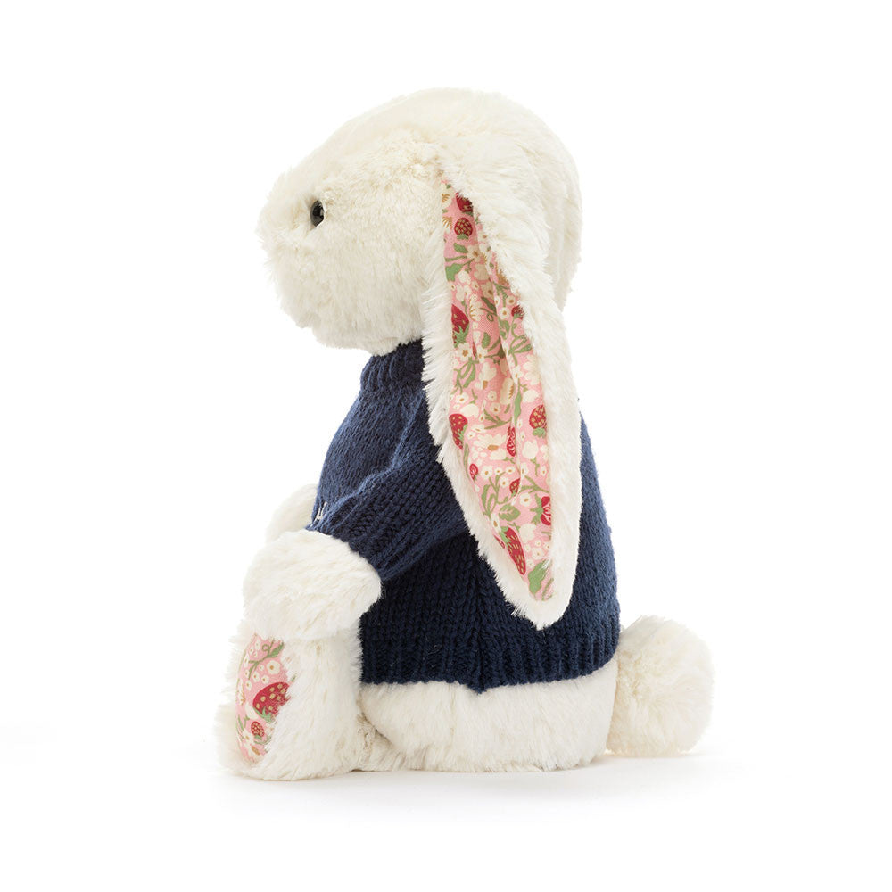 Jellycat Blossom Cream Bunny 'Berry' with Personalized Navy Jumper