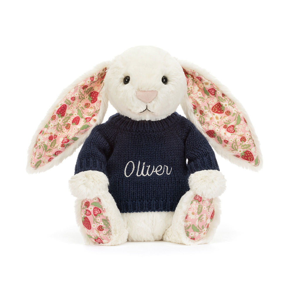 Jellycat Blossom Cream Bunny 'Berry' with Personalized Navy Jumper