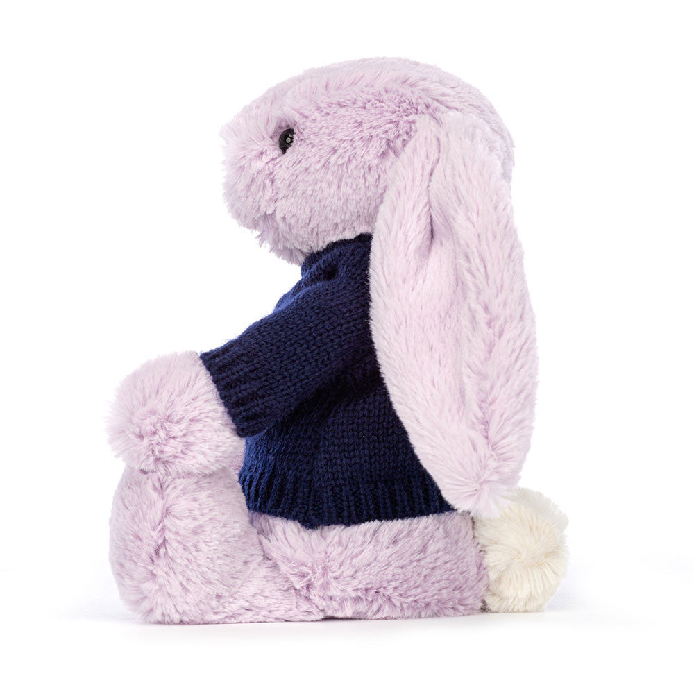 Jellycat Bashful Lilac Bunny with Personalized Navy Jumper