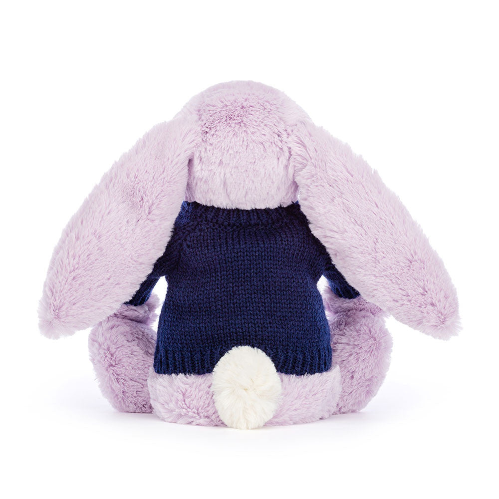 Jellycat Bashful Lilac Bunny with Personalized Navy Jumper