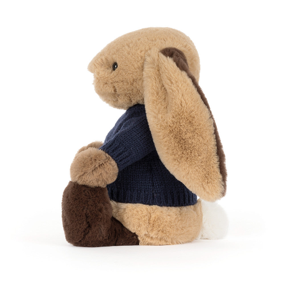 Jellycat Bashful Patchwork Brown Bunny with Personalized Navy Jumper