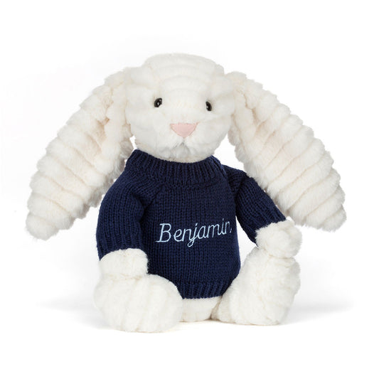 Jellycat Bashful Luxe Bunny Nimbus with Personalized Navy Jumper