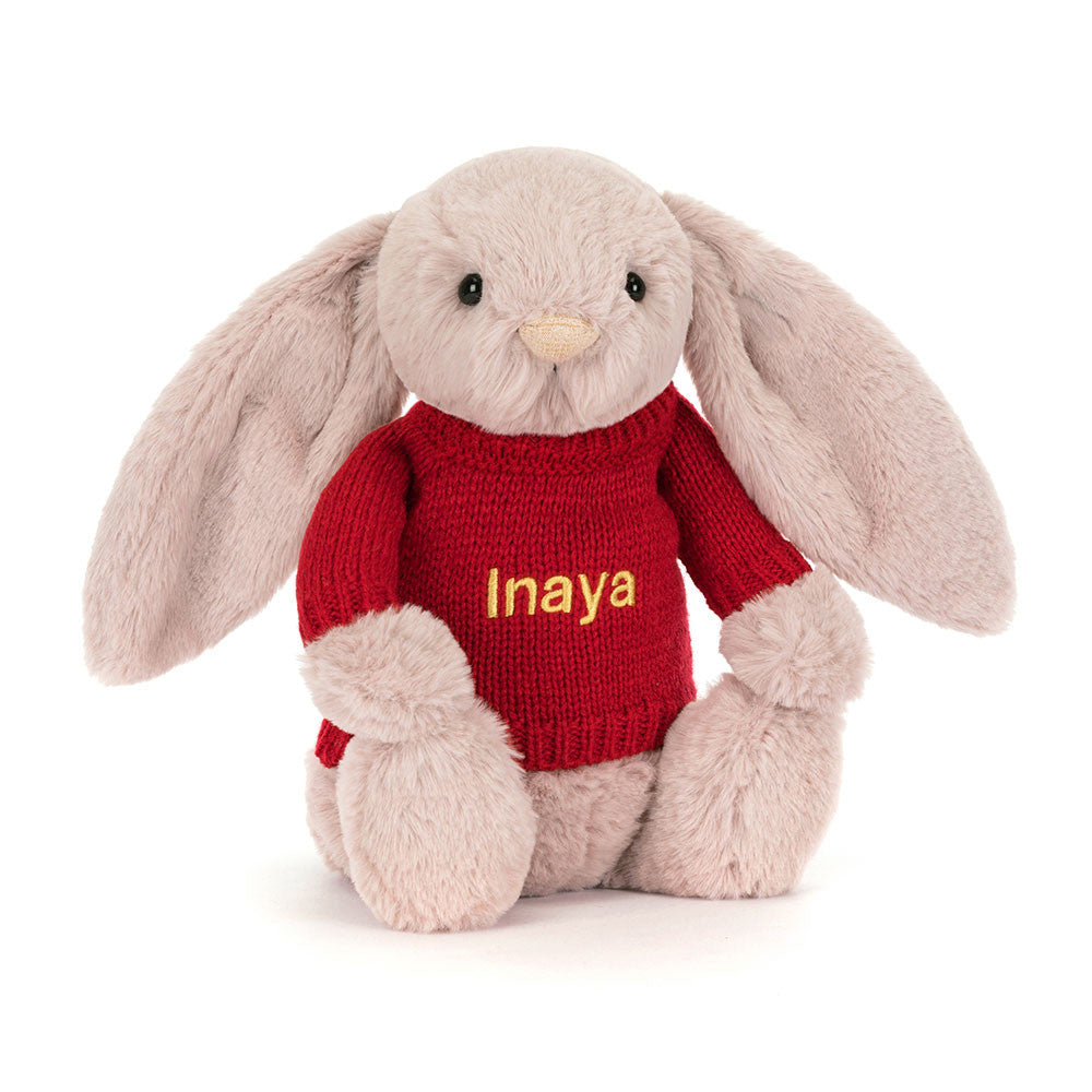 Jellycat Bashful Luxe Bunny Rosa with Personalized Red Jumper