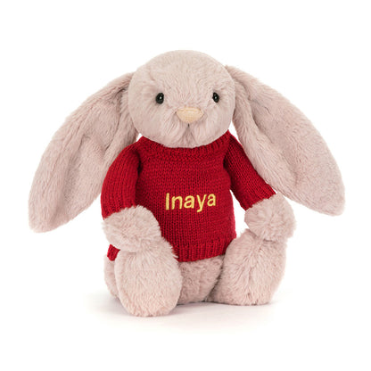 Jellycat Bashful Luxe Bunny Rosa with Personalized Red Jumper
