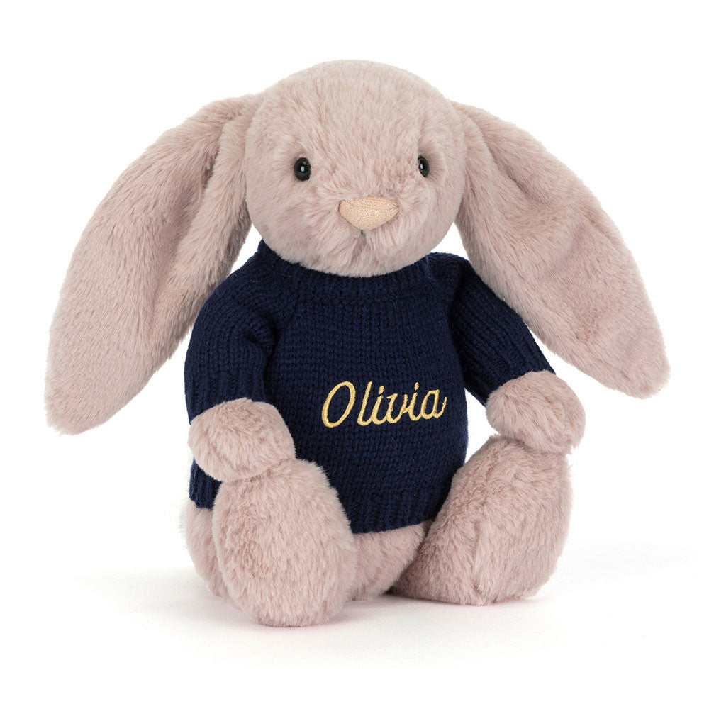 Jellycat Bashful Luxe Bunny Rosa with Personalized Navy Jumper