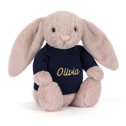 Jellycat Bashful Luxe Bunny Rosa with Personalized Navy Jumper