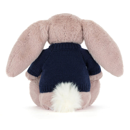 Jellycat Bashful Luxe Bunny Rosa with Personalized Navy Jumper