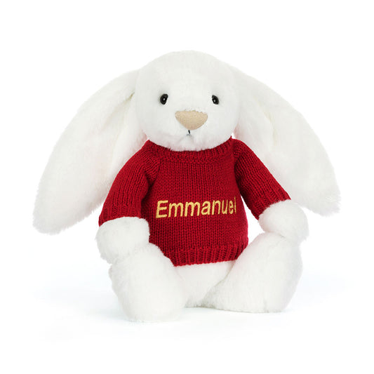 Jellycat Bashful Luxe Bunny Luna with Personalized Red Jumper